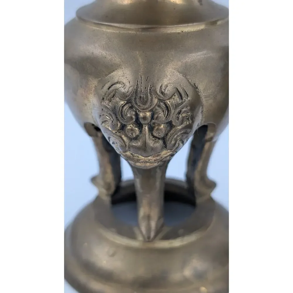 Ornate Oriental Brass Candle Holders Set of 3 - Flowers Birds Fu Dogs